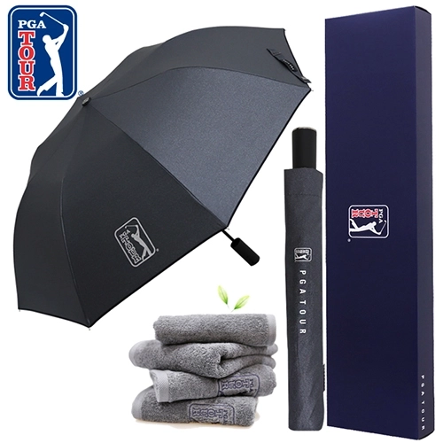 PGA 2단 자동 블랙 메탈 우산 + 190g 호텔타올세트