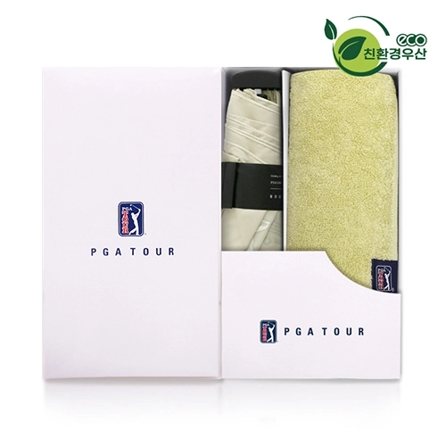 PGA 그린 3단 수동 사각 스키니 우산 + 180g 모달사 타올 세트
