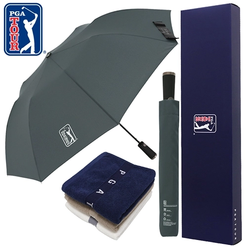 PGA 그린 2단 자동우산 + 130g 면사 타올 세트