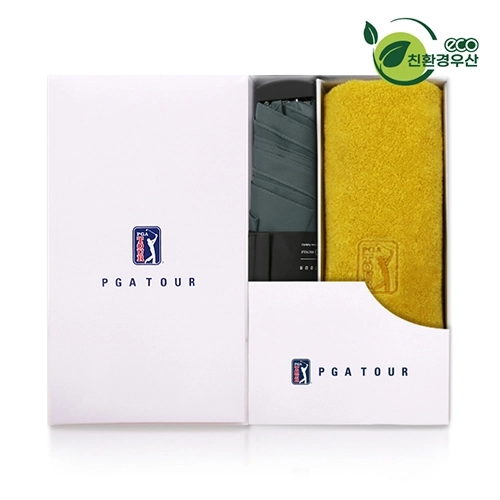 PGA 그린 3단 수동 사각 스키니 우산 + 170g 면사 타올 세트