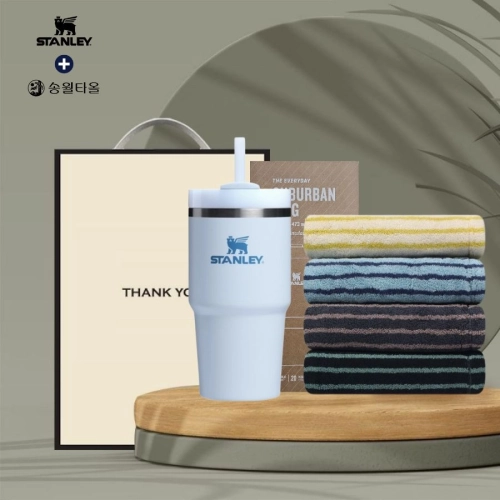시즈넬 선물세트 스탠리 빨대텀블러591ml+호텔컬렉션 스트라이프 솔리드 220g