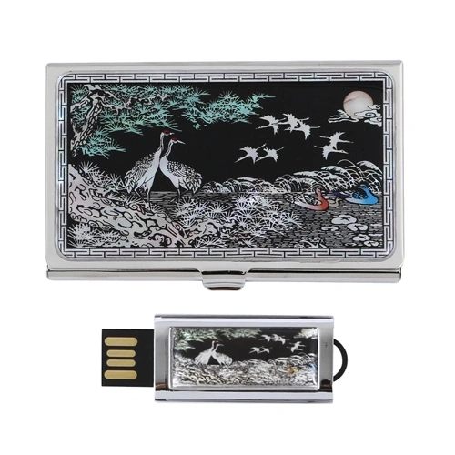 채색송학 자개 명함케이스+채색송학 자개 USB 2종 세트