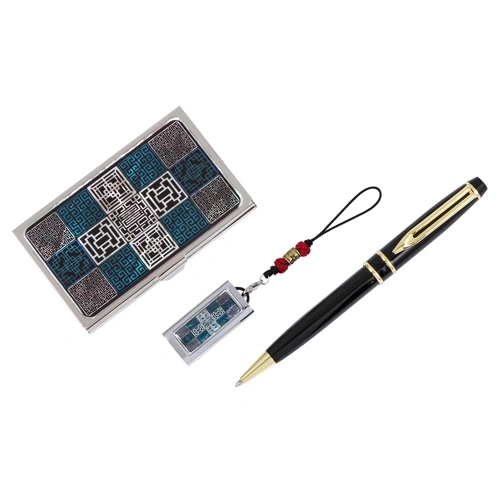 워터펜블랙+창살문 그린 자개 명함케이스+자개 USB 3종 세트